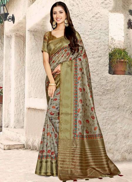 Gray Colour Mintorsi Charming New Latest Designer Printed Tusser Banarasi weave Saree Collection 27606